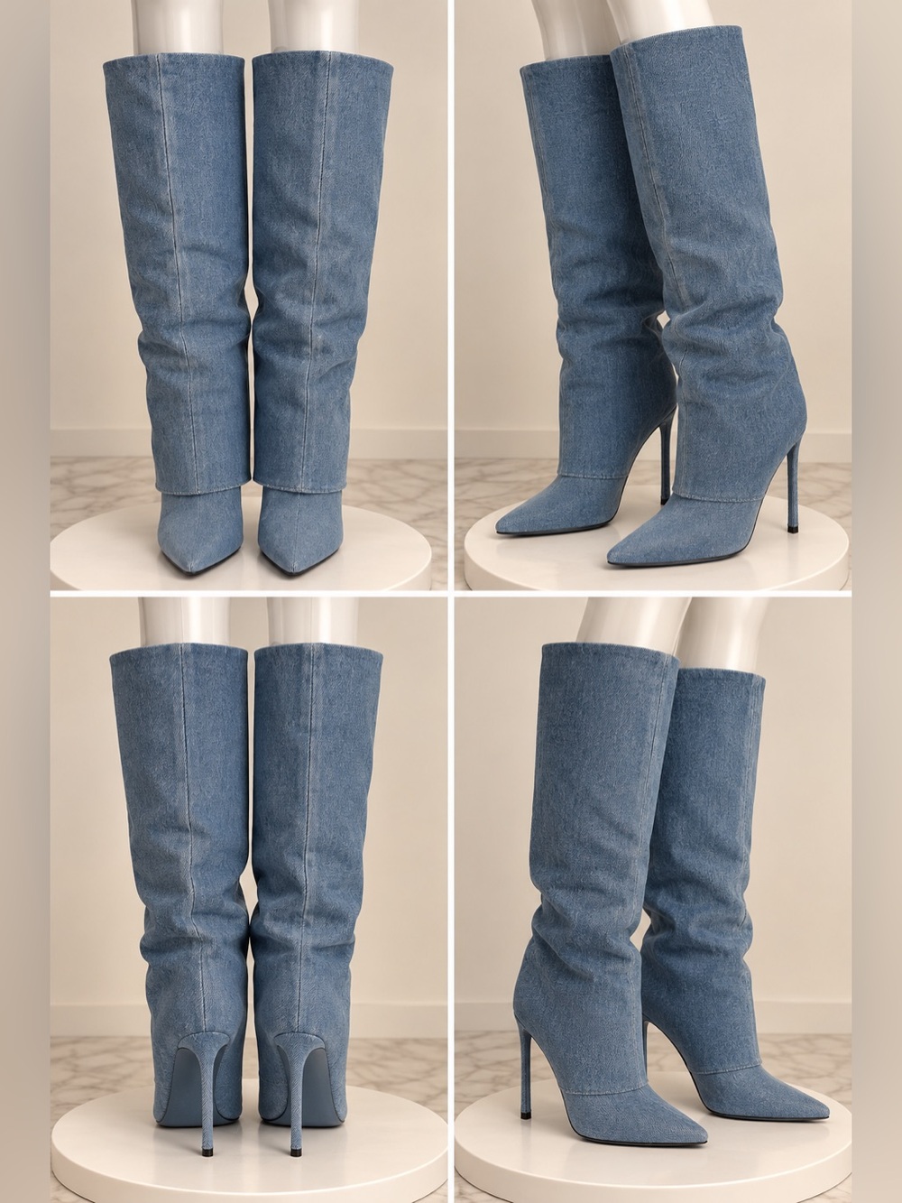 Fashion Nova Denim Blue Knee-High Stiletto Boots